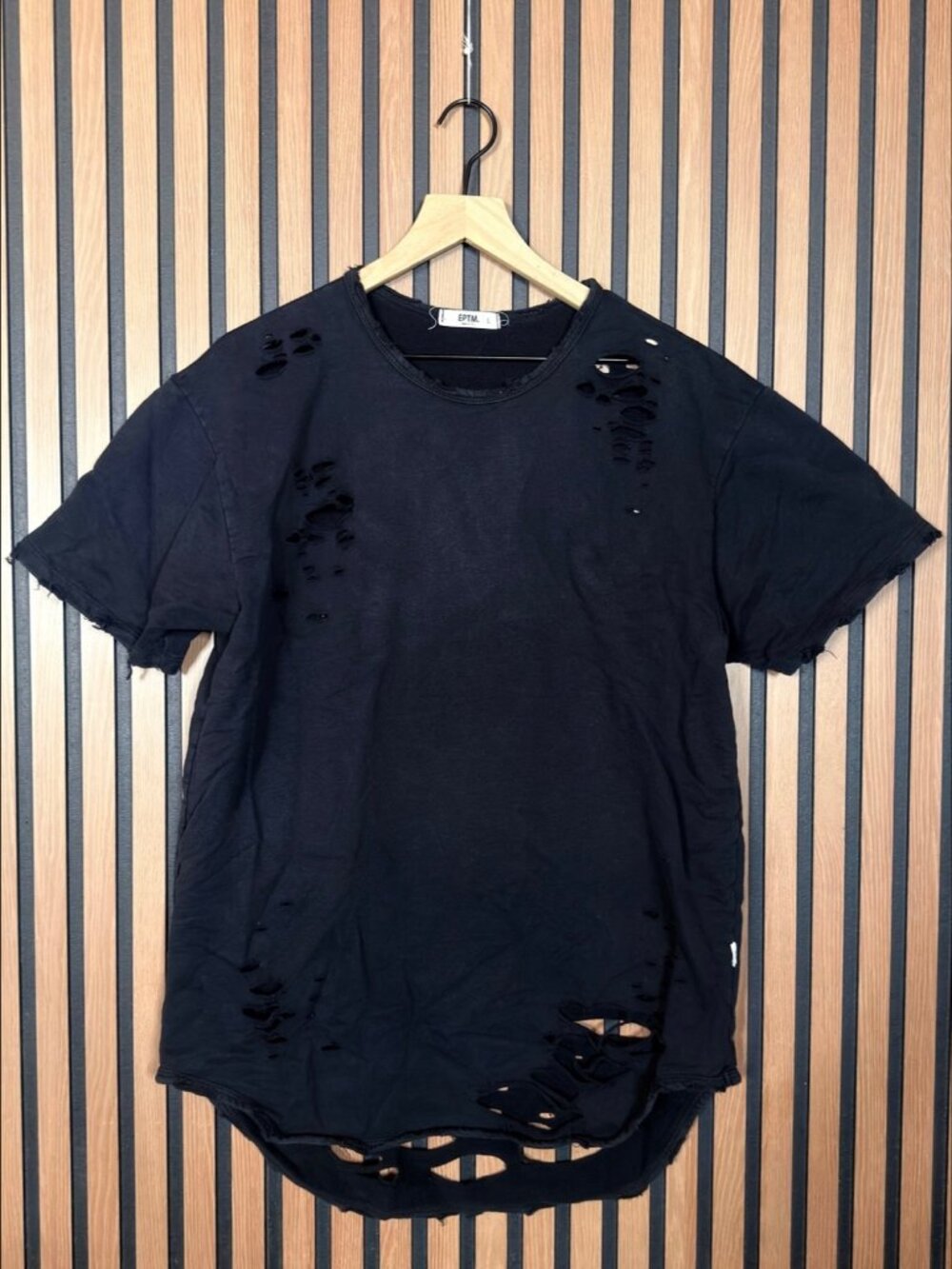 EPTM Top Large Adults Black Fleece Destroyed Crewneck Cut Out Hem